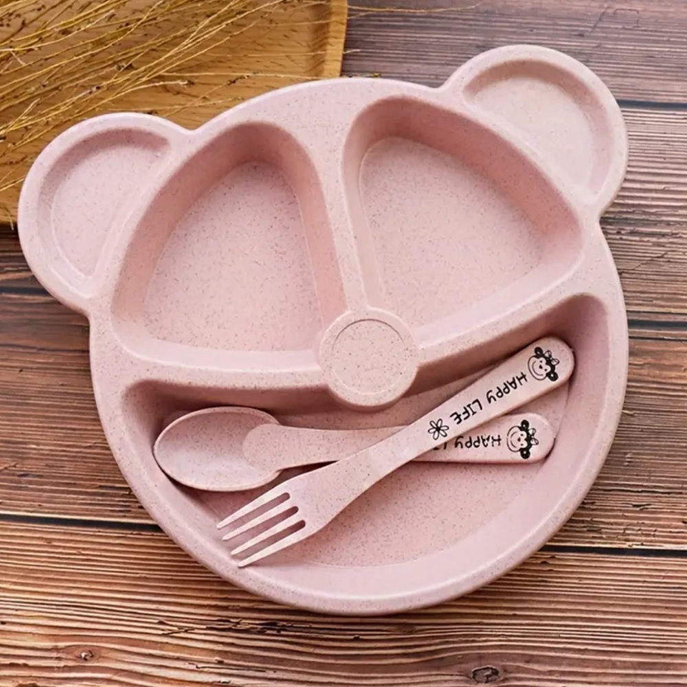 Kids 3 Piece Dinnerware Set Bear Head Design Pink **NEW